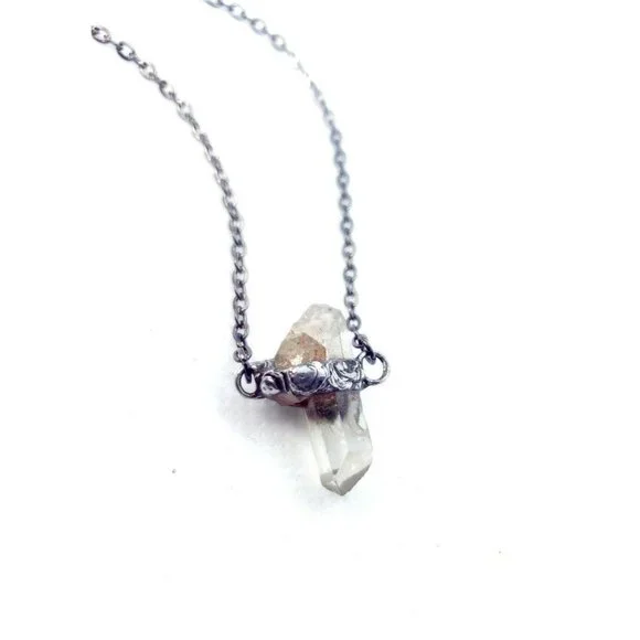 Raw quartz crystal necklace handmade gothic metalwork jewelry men's minimal - Picture 3 of 11